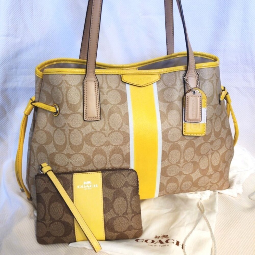 Coach Signature C Stripe Tote & Wristlet in Yellow Double Bundle, EUC